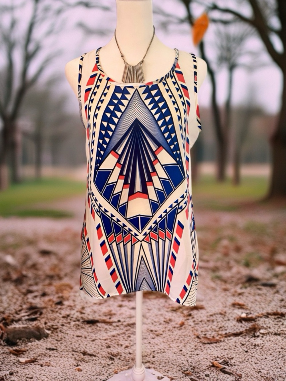 Peach Love California Ivory Tank with Navy & Red Geometric Motif